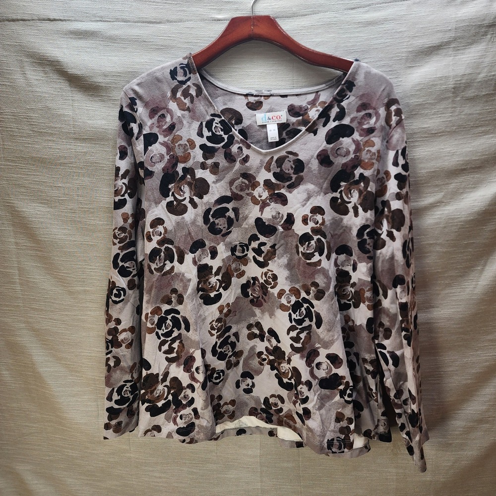 Denim & Co XL Womens V-Neck Long Sleeve Abstract Floral Rose Print Top Brown Tan